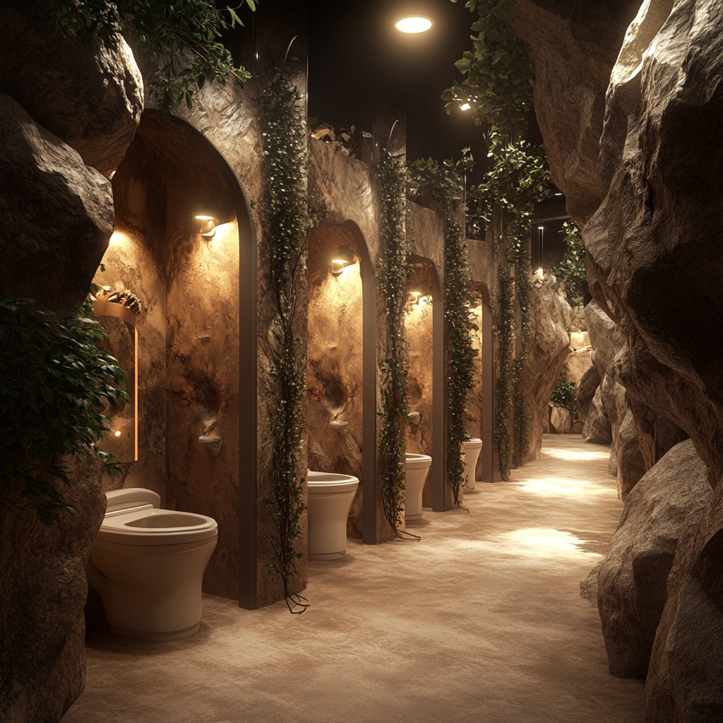 Photorealistic image of themed public toilets in waterpark.