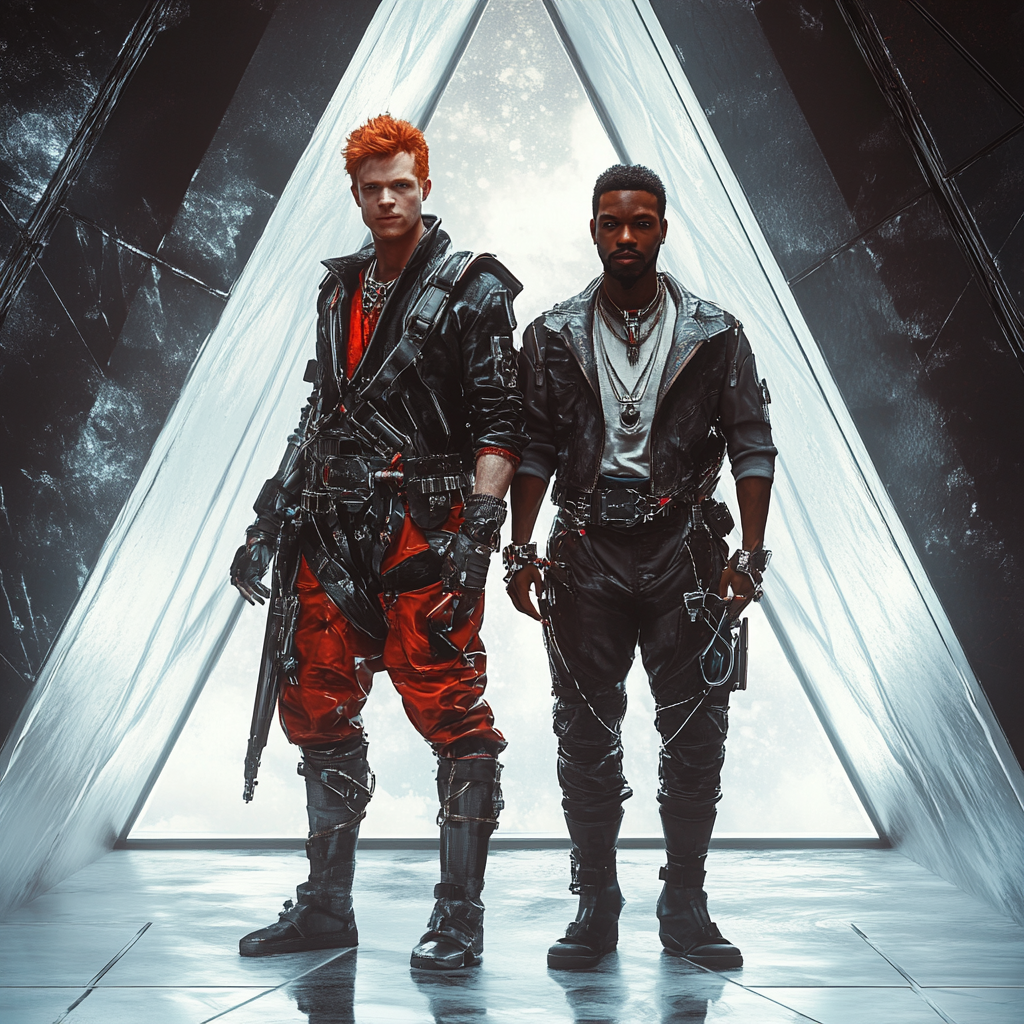 Photorealistic image of two men in futuristic clothes in tetrahedron