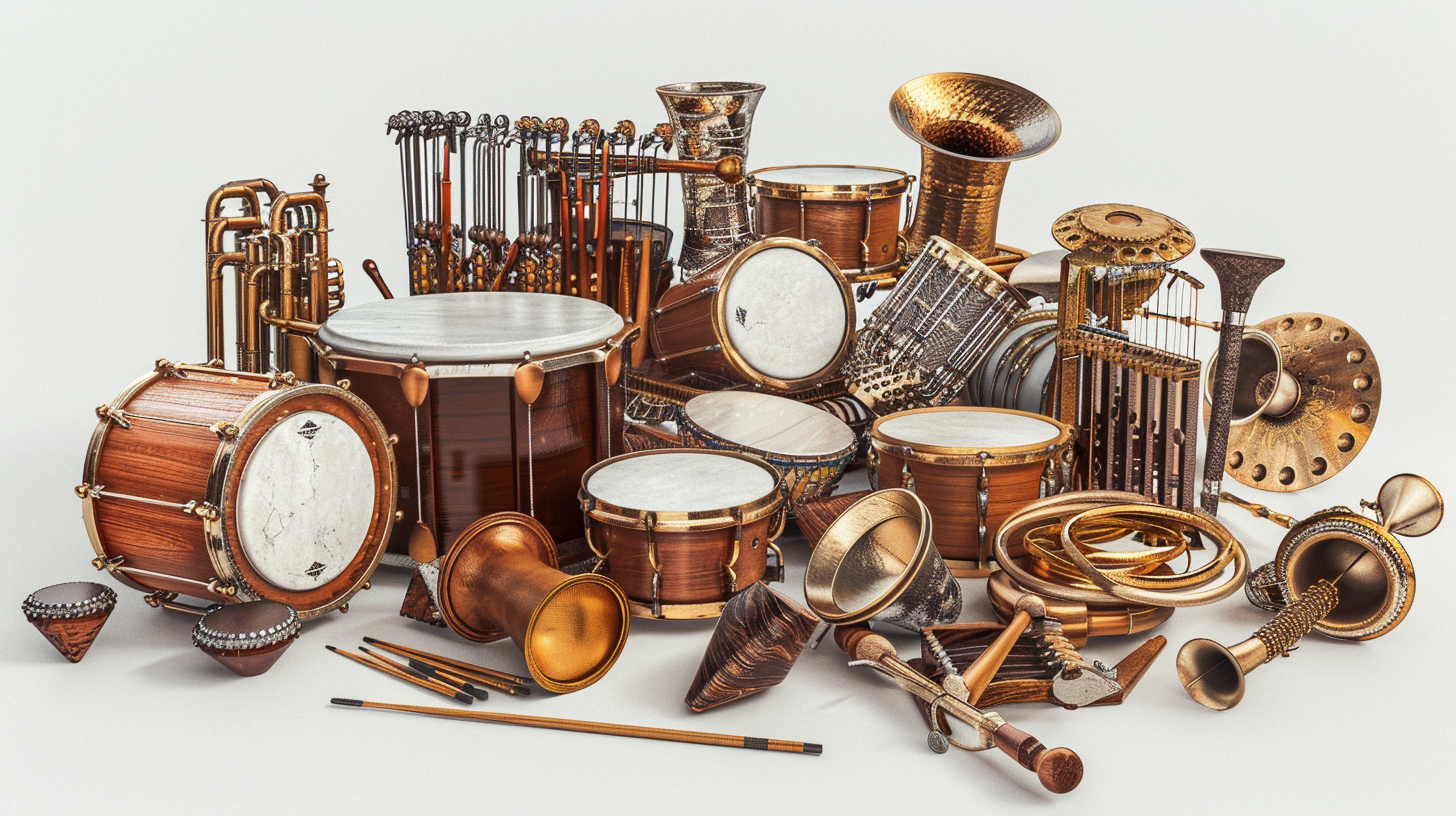 Photorealistic image of various percussion instruments on white background.