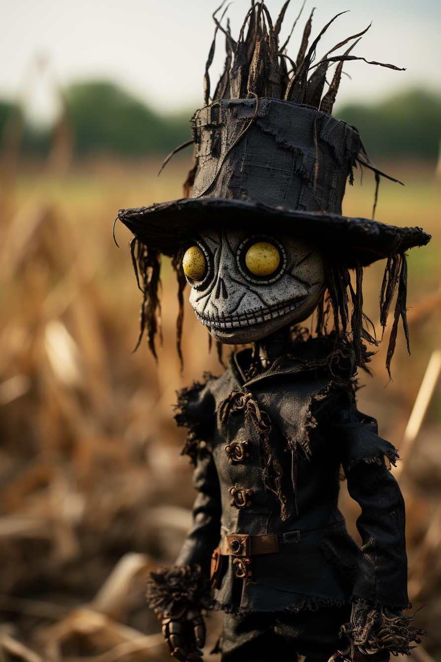 Photorealistic image shows scarecrow doll in a cornfield.