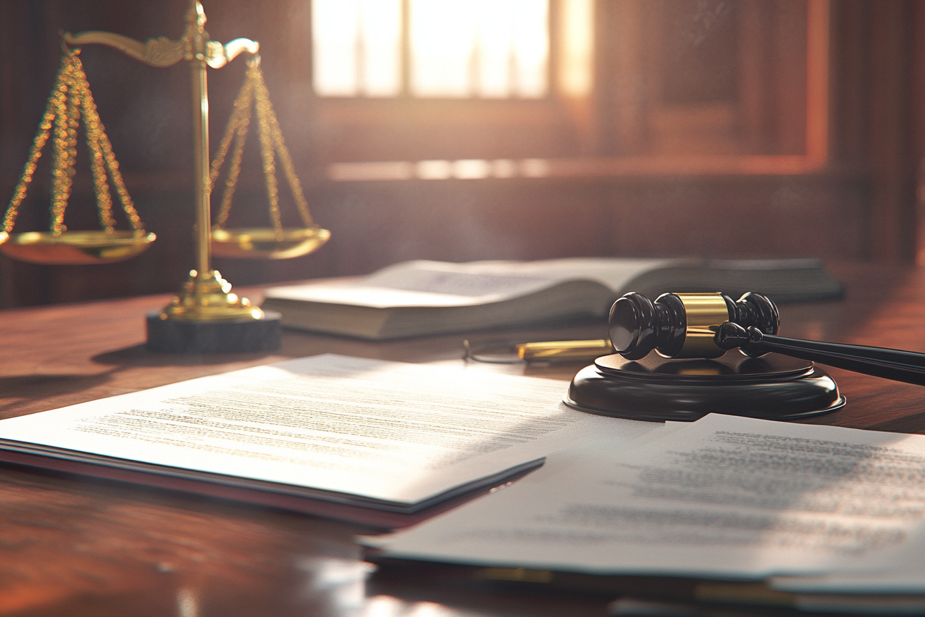 Photorealistic legal scene with judge's gavel and pen.