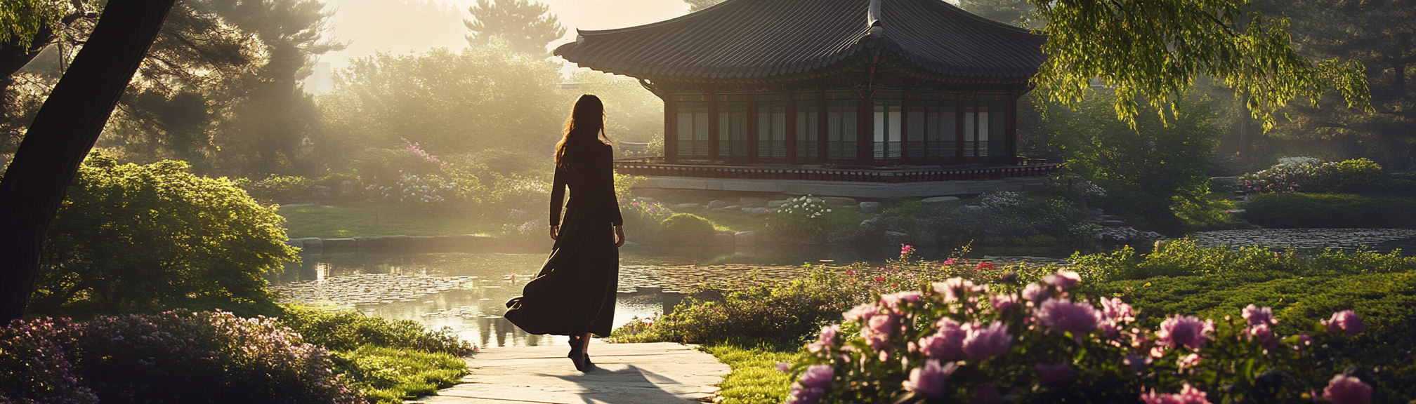 Photorealistic photo of woman in modern attire in historical garden.