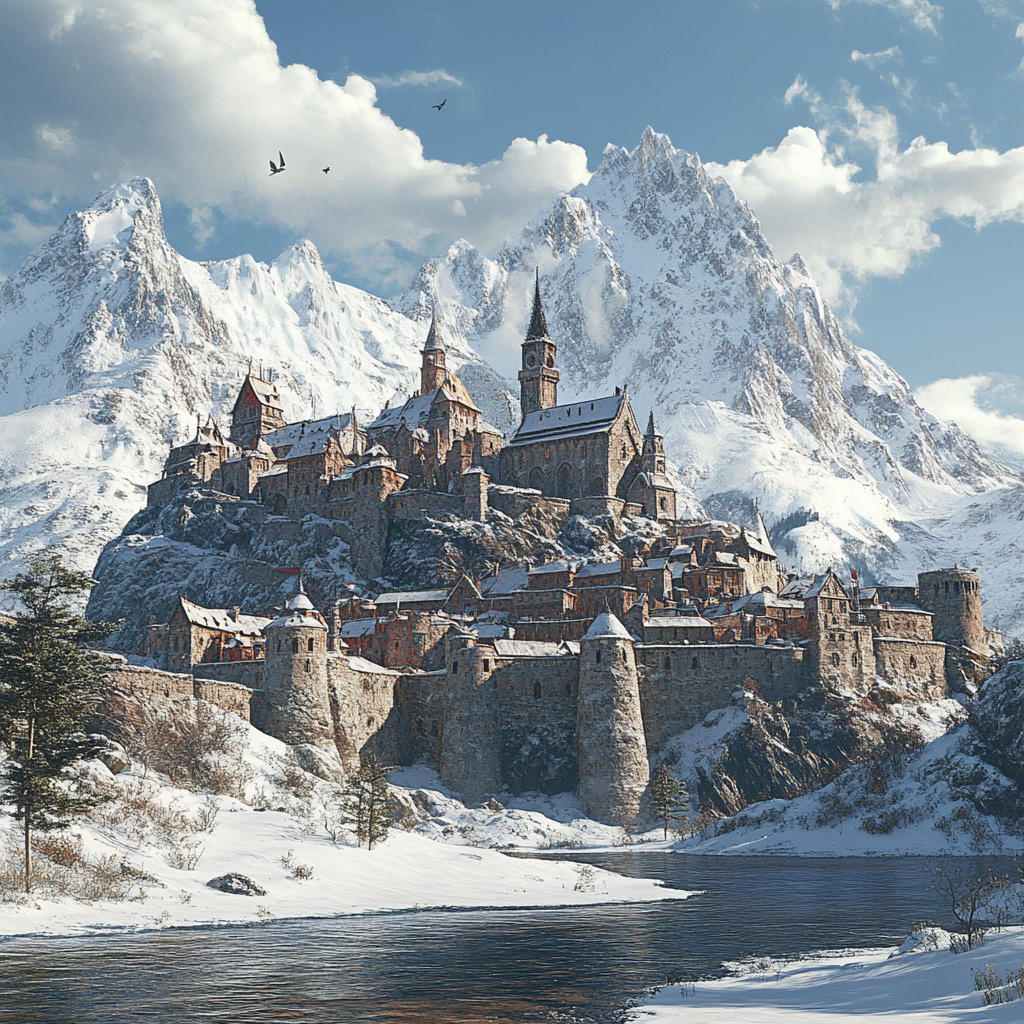 Photorealistic snowy mountainscape with Mediaeval stoney castle towns.