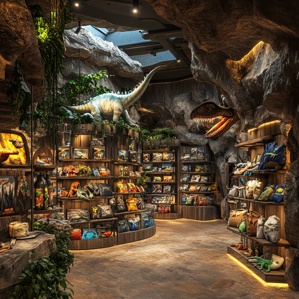 Photorealistic souvenir shop in dinosaur-themed waterpark with merchandise.