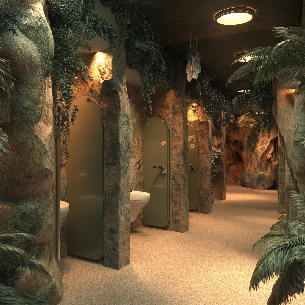 Photorealistic themed public toilets in dinosaur waterpark setting.