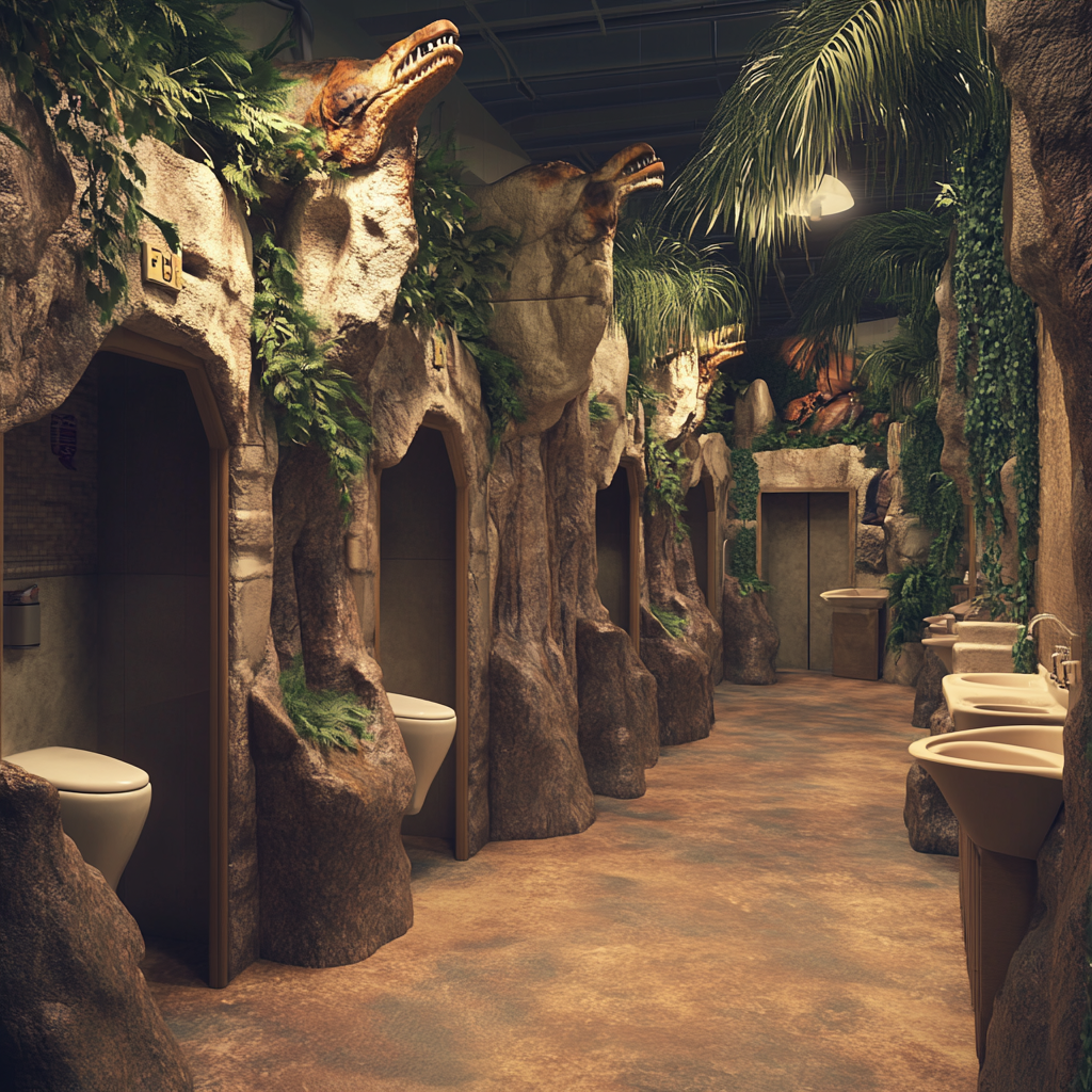 Photorealistic themed toilets in dinosaur waterpark with ambient lighting.