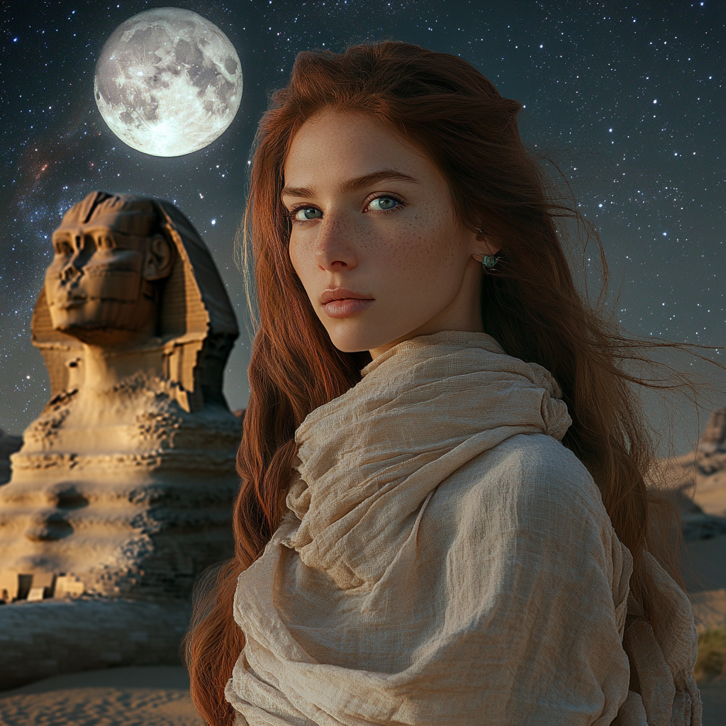 Photorealistic woman in linen at sandstone sphinx night desert 