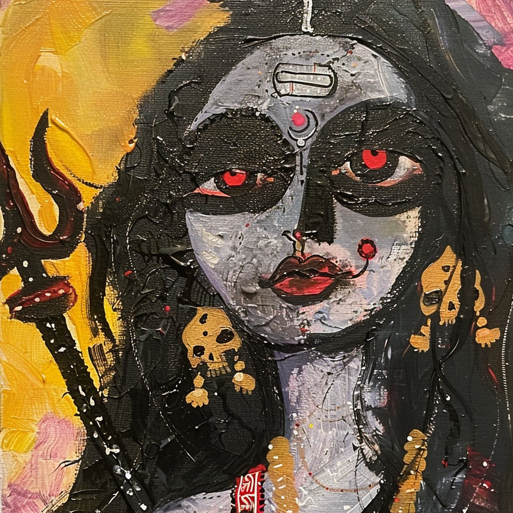 Picasso style oil painting of proud smiling goddess Kali.