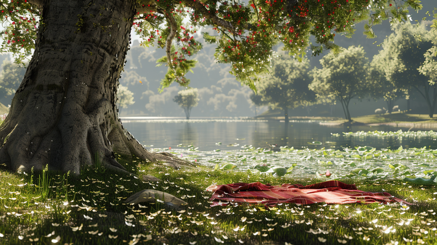 Picnic by lotus lake in western America, under oak tree.