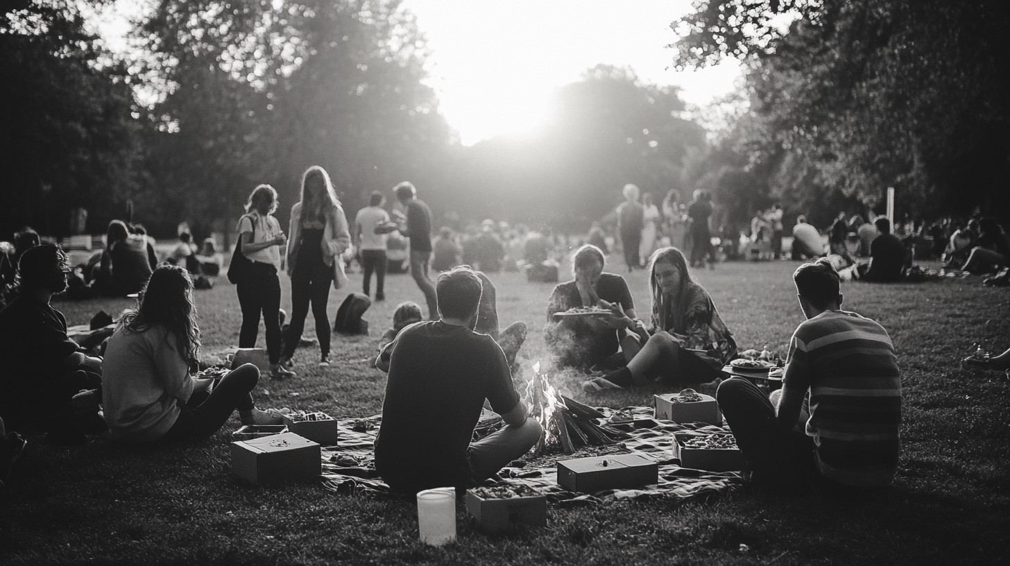 Picnic in Antwerp park, people relaxing around campfire.