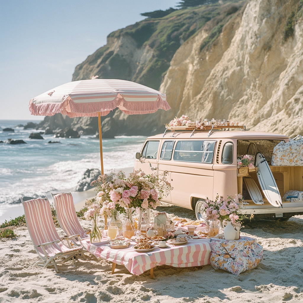 Picnic set with surfboard, van, umbrella, flowers, ocean view.