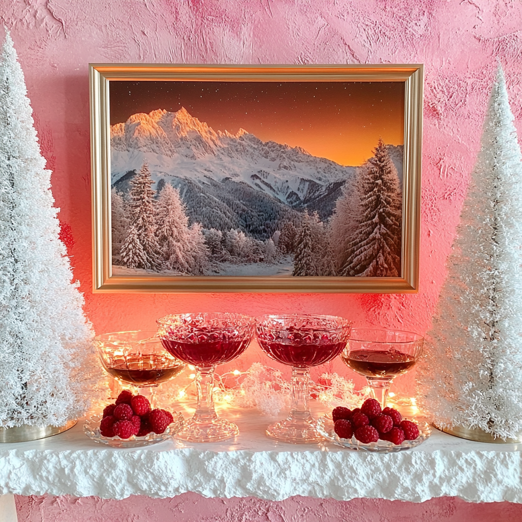 Picture of Alps at night with dessert goblets.