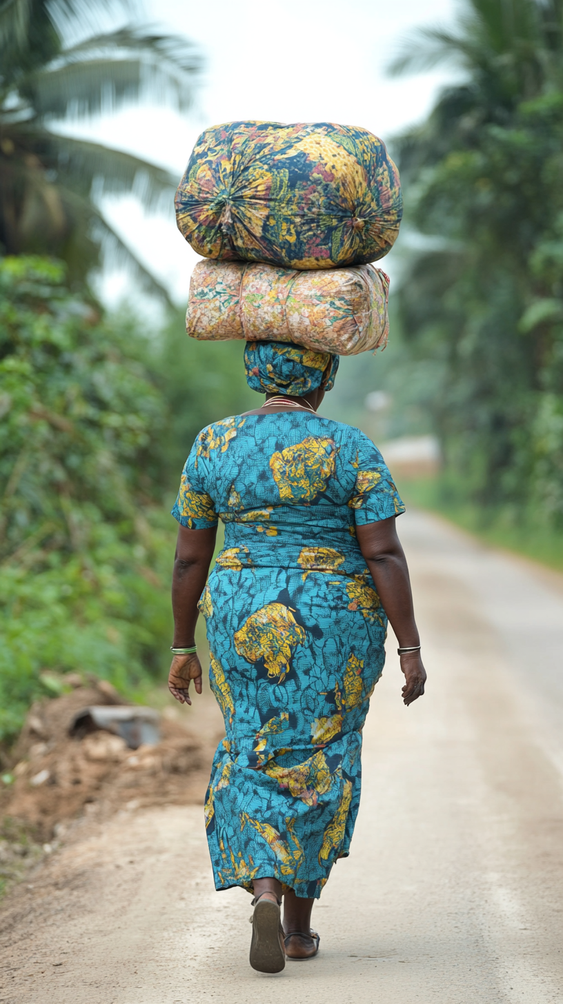 Picture of Ezinne, Nigerian midwife, with braided hair, walking.