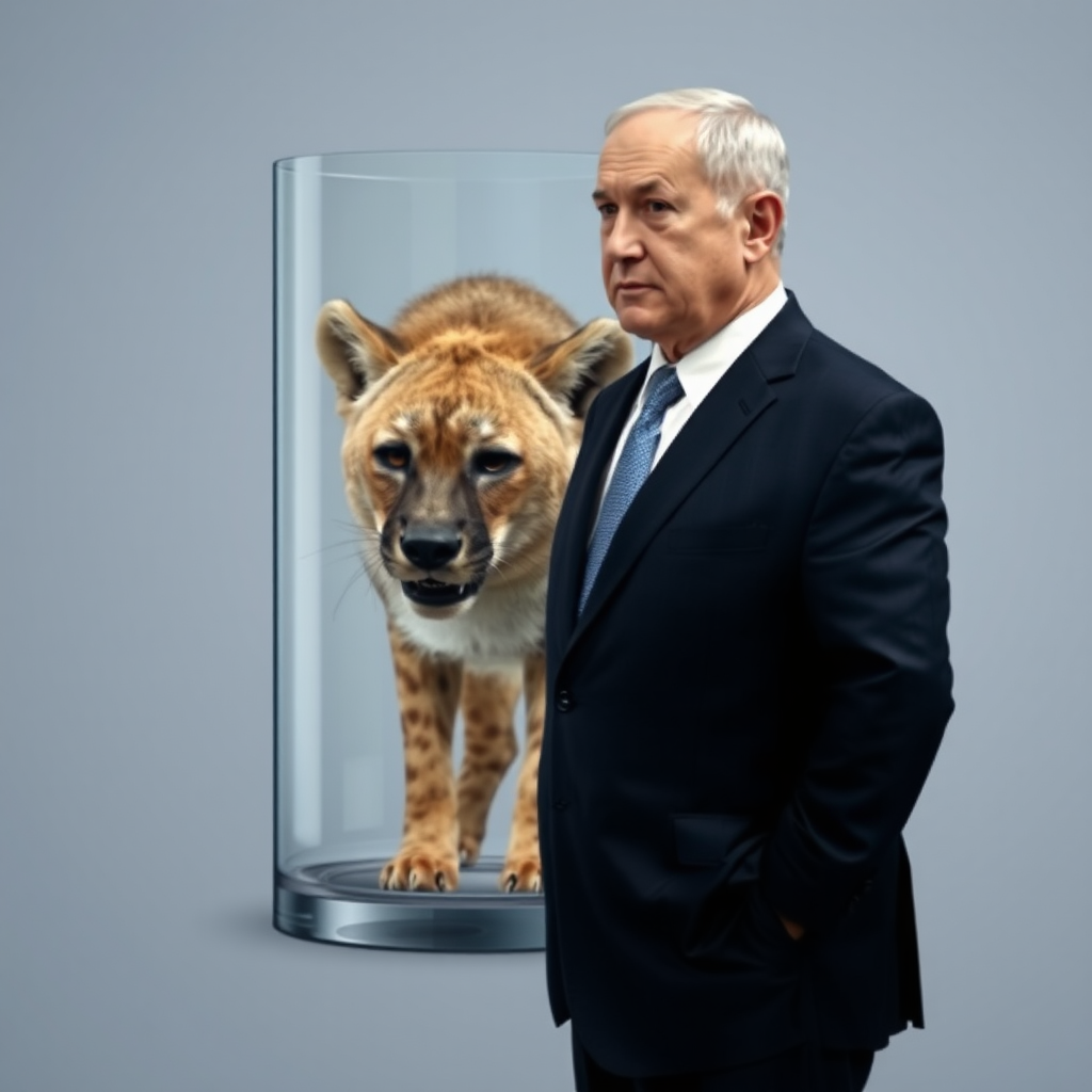 Picture of Netanyahu and hyena in glass.