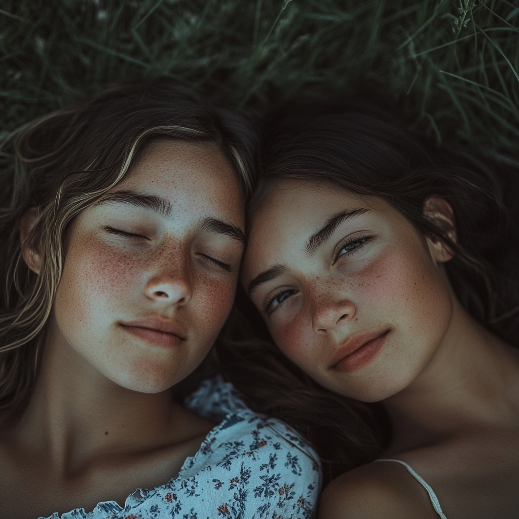 Picture of girl and mother lying on grass.