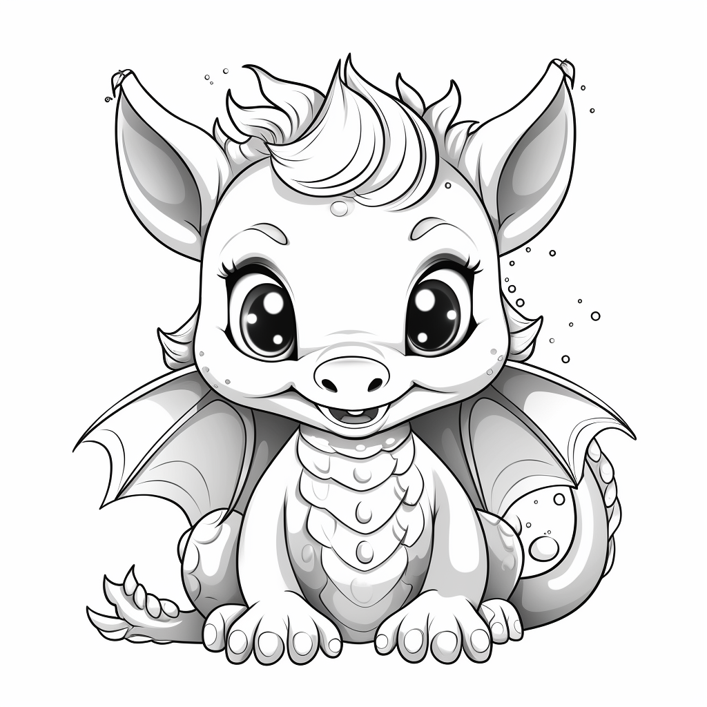 Picture of kawaii little dragon in greyscale style.