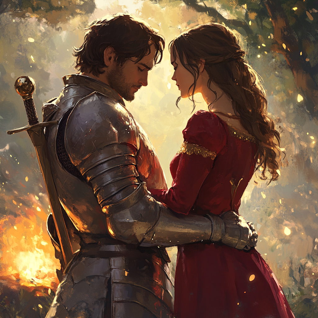 Picture of medieval knight and noblewoman in nature.