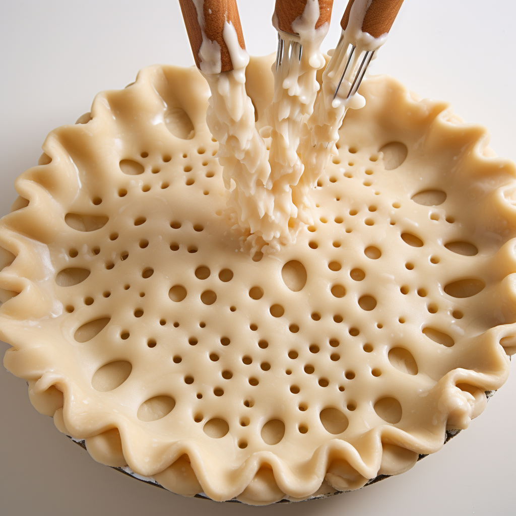 Professional food photography of a pie crust with fork holes on a white background.