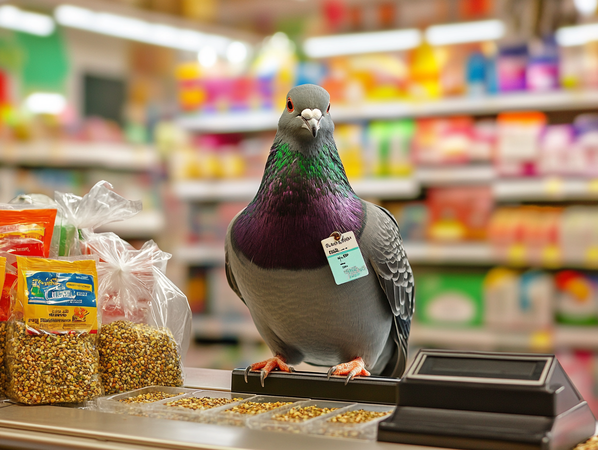 Pigeon cashier at pet store with birdseed bags.