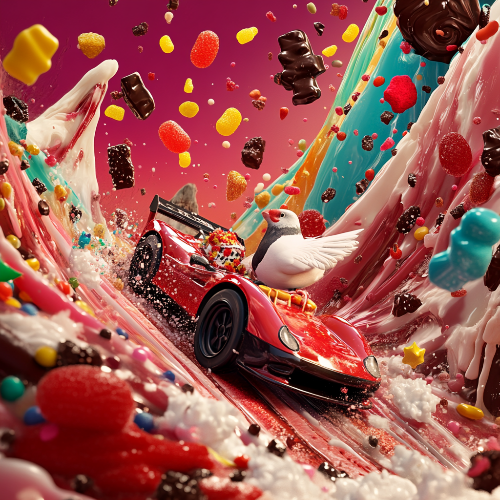 Pigeon drives on chocolate mountain with gummy bear dancers