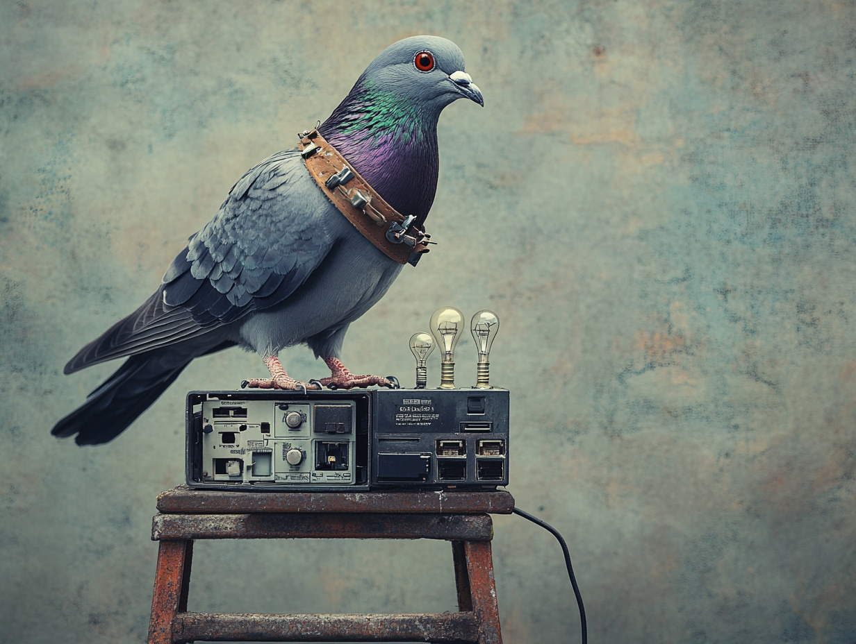 Pigeon with tool belt fixes ladder lights intently.