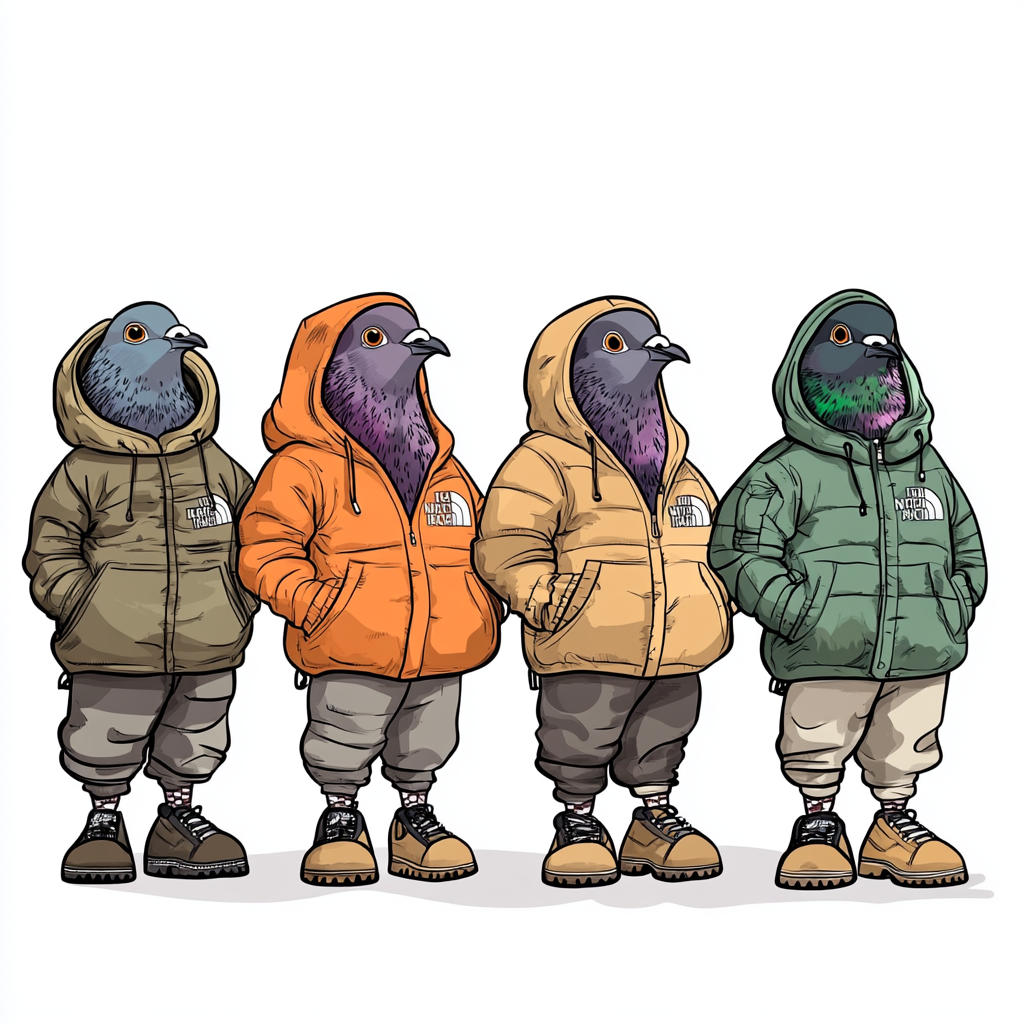 Pigeons in boots and jackets in a row