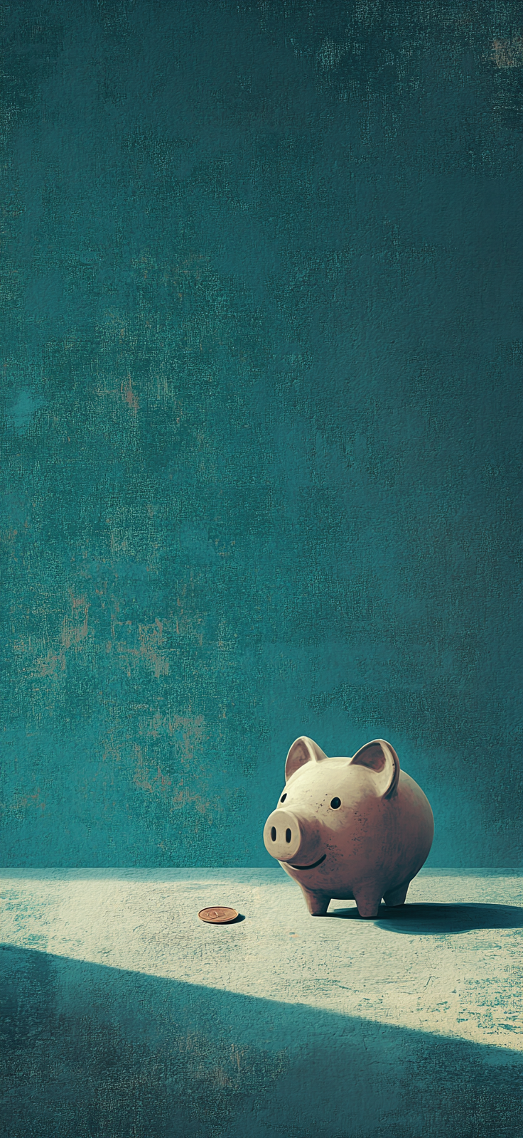 Piggy Bank with Coin Inserted, Teal Background - A fifth grader's summary title.