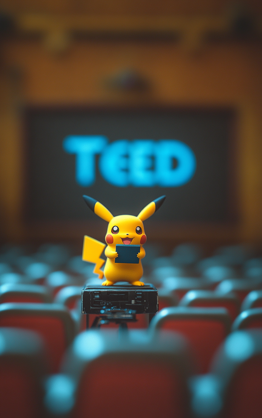 Pikachu giving a confident TED talk to auditorium audience.