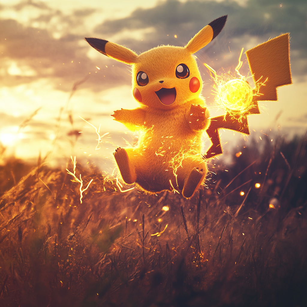 Pikachu glowing fur jumps with electric sparks at sunset.