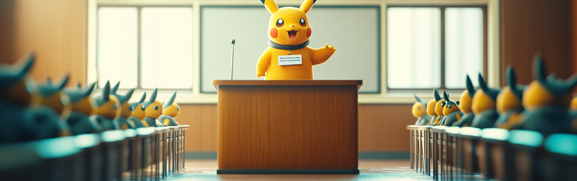 Pikachu presenting research to other Pikachus in classroom.