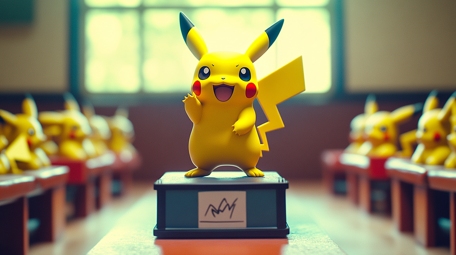 Pikachu presents research to audience of Pikachus at college.