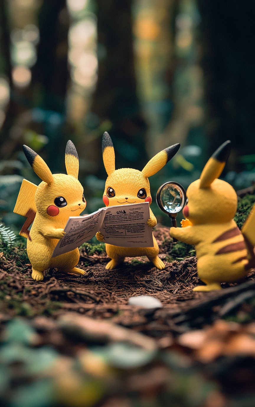 Pikachus examining document in forest with animals. Miniature view.