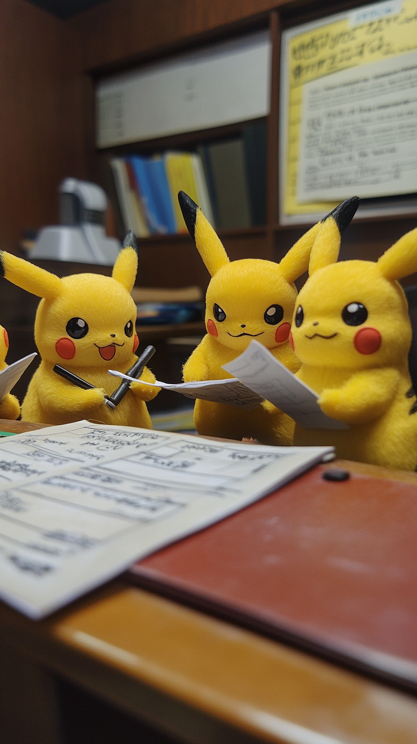 Pikachus studying together in college classroom diorama.