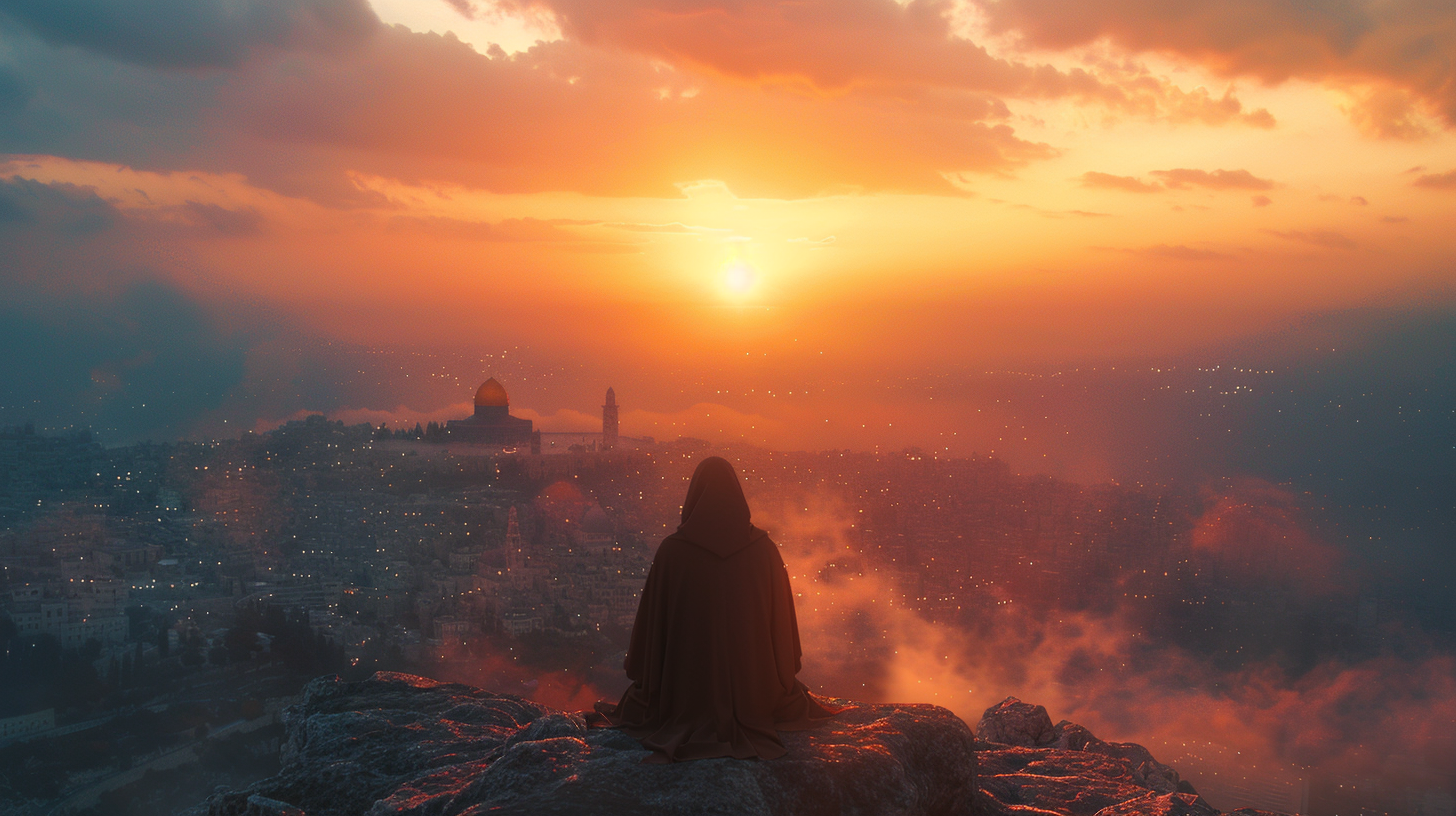 Pilgrim on Jerusalem Mountain at Sunset Ultra Realistic Image