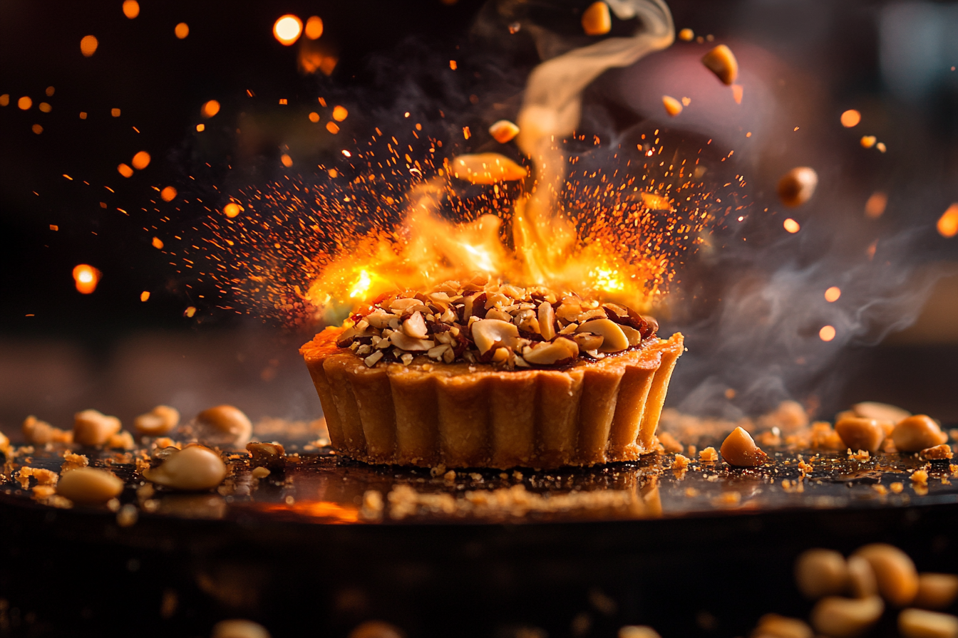 Pili nuts explosion surrounds delicious pili tart advert.