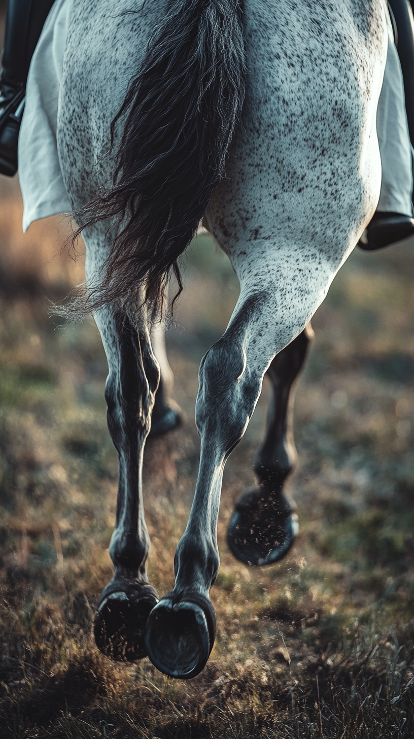 Pillowing cloak on galloping dapple horse, detailed Sony shot.