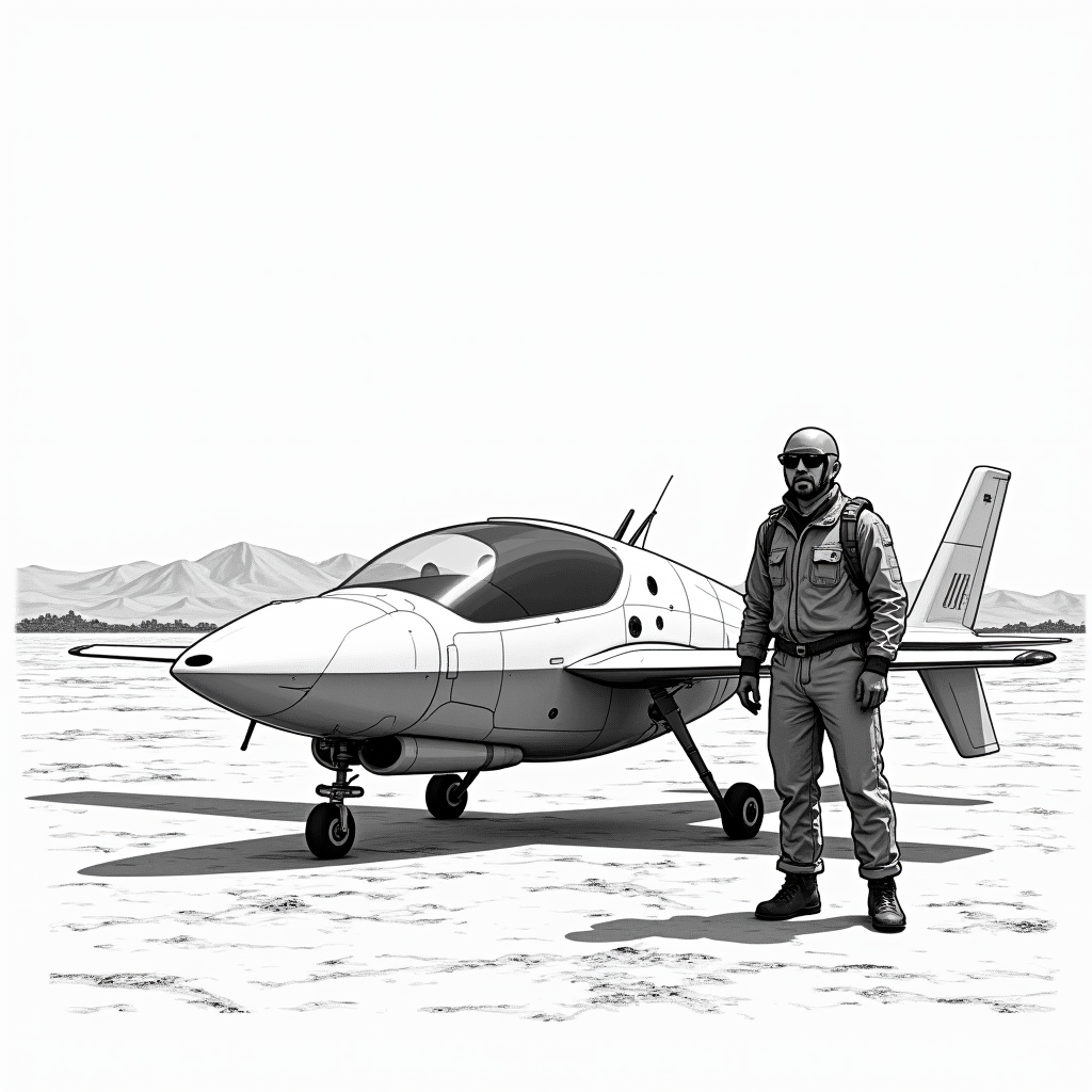 Pilot with eVTOL in Black and White Desert