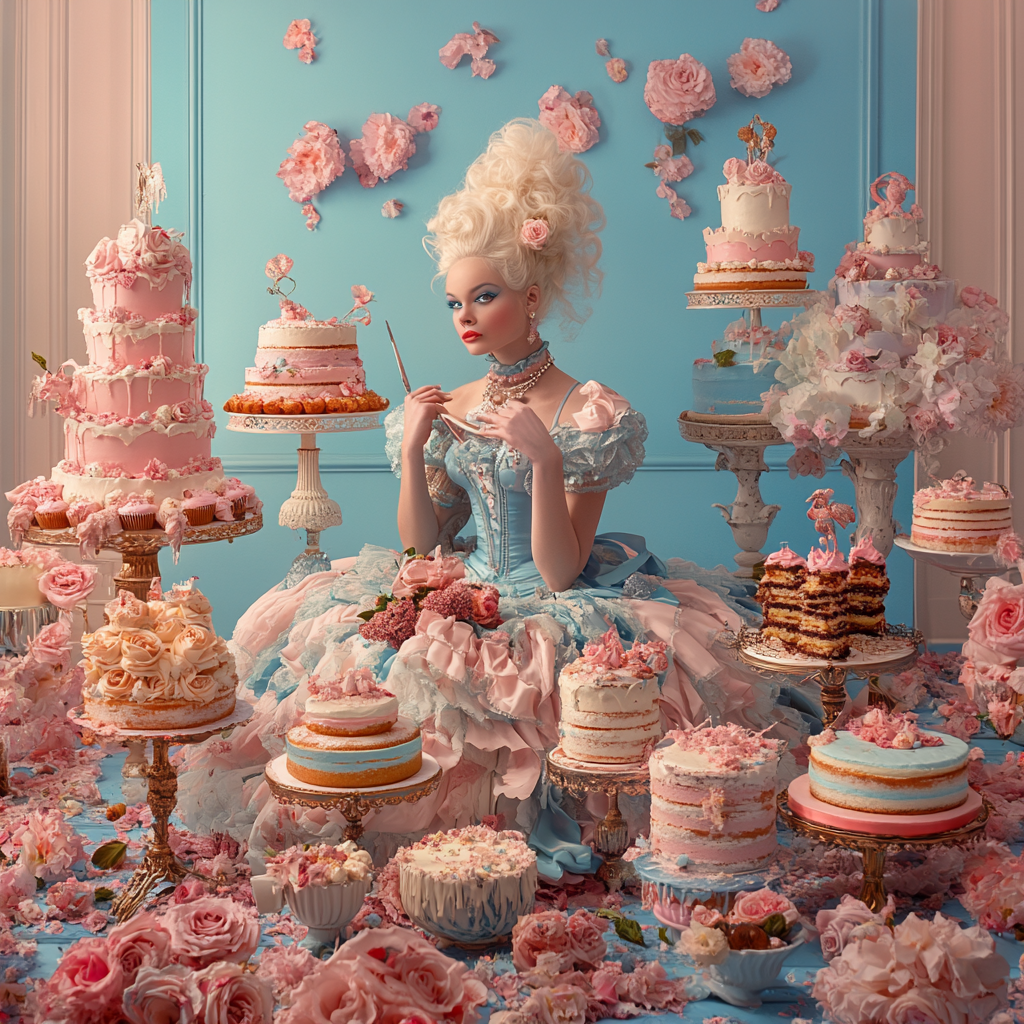 Pin up girl as Marie Antoinette with cakes.