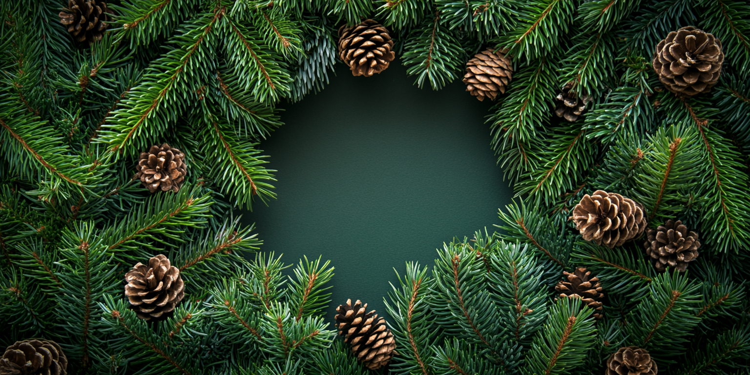 Pine tree branches in circular vignette style, detailed needles.