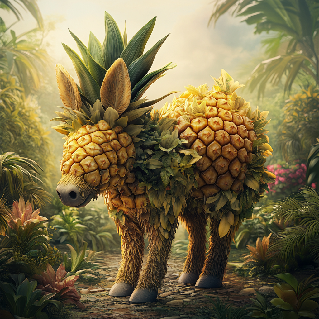 Pineapple donkey in tropical jungle, playful surreal artwork.