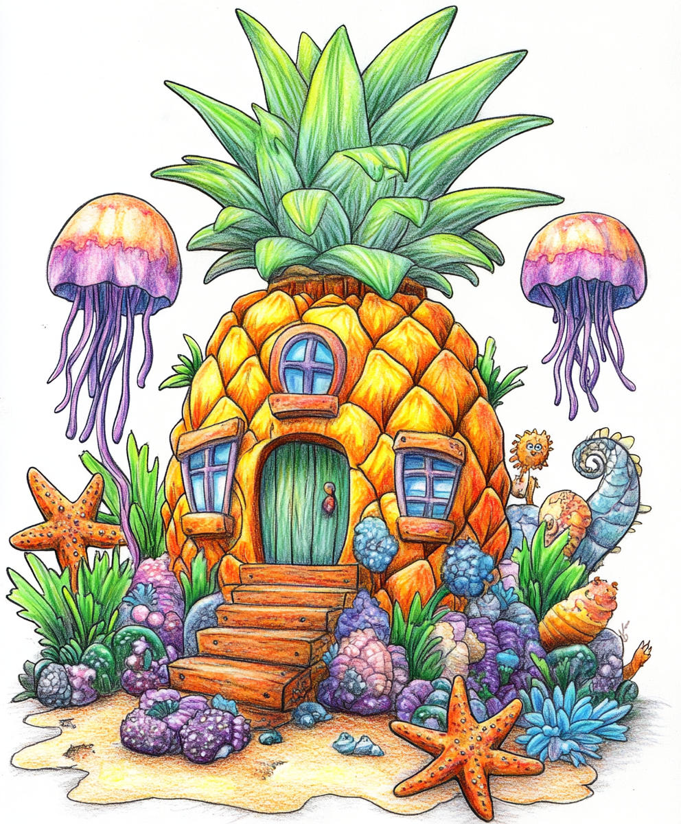 Pineapple house in Nickelodeon style with sea creatures.