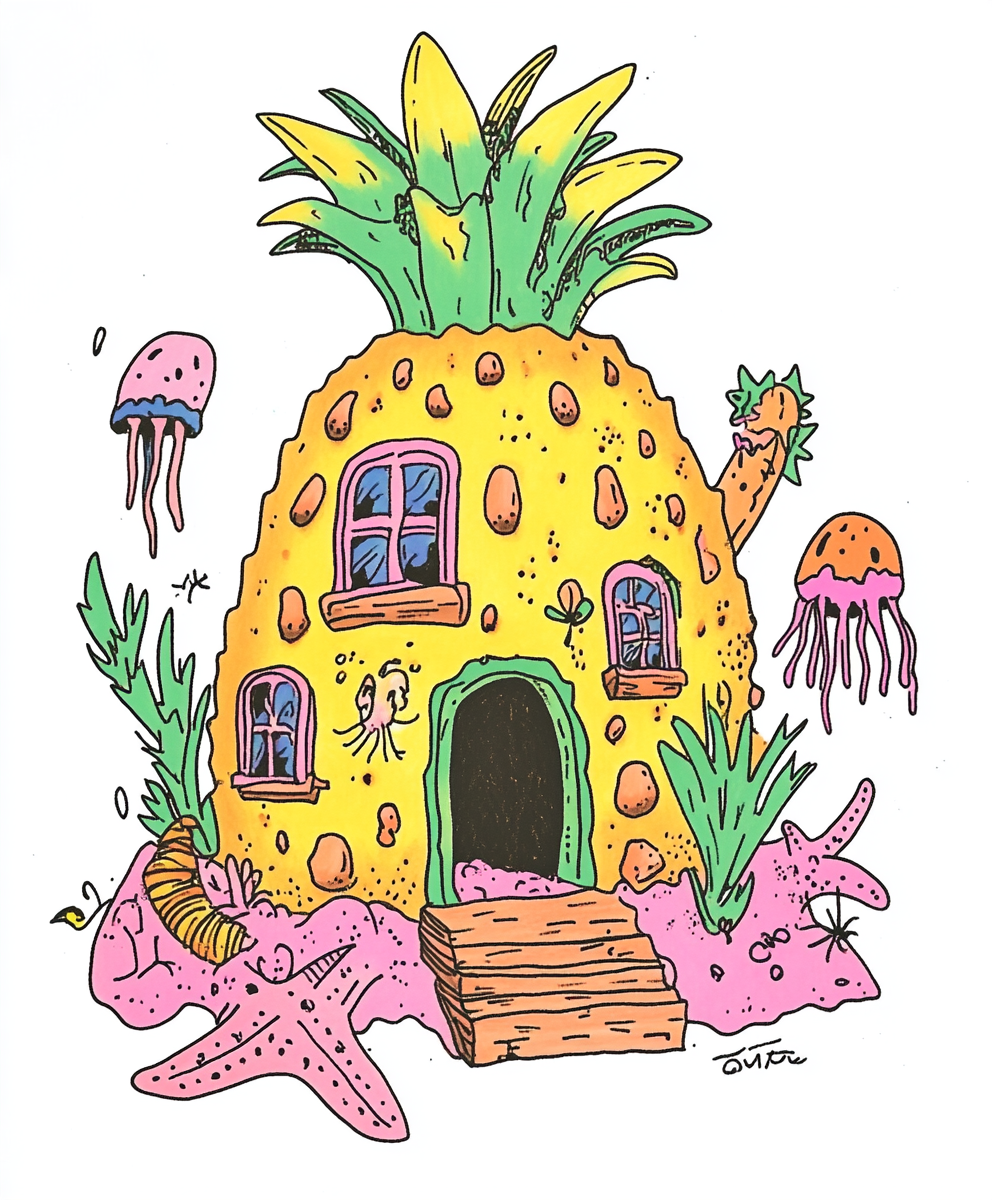 Pineapple house outline in pink, yellow, green pencils