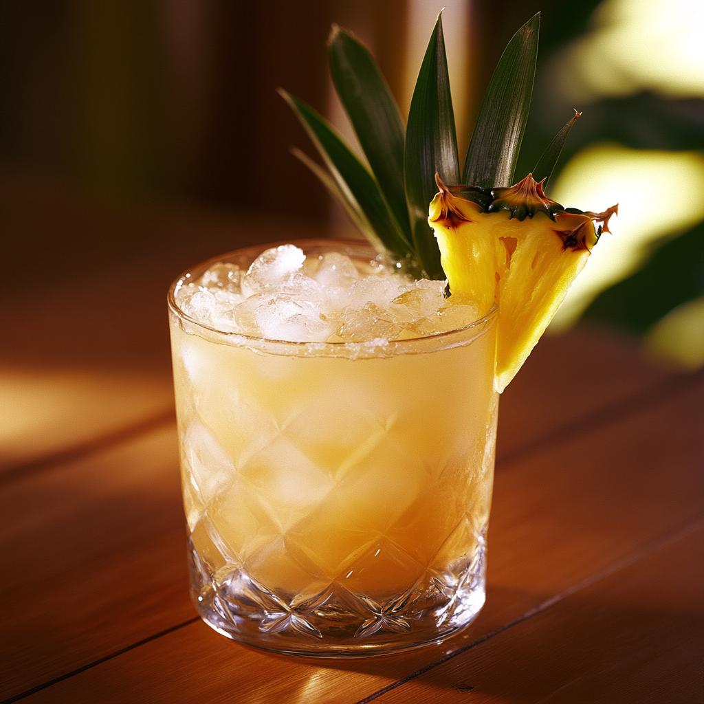 Pineapple leaf drink in lowball glass with crushed ice.