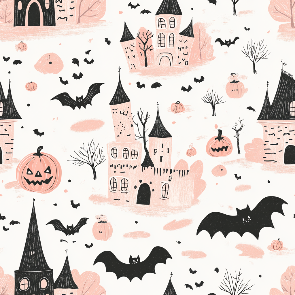 Pink Halloween Pattern with Bats, Pumpkins, and Ghosts