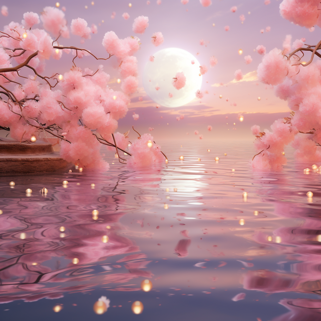 Pink Sakura Petals Falling Around Moonlit Waters