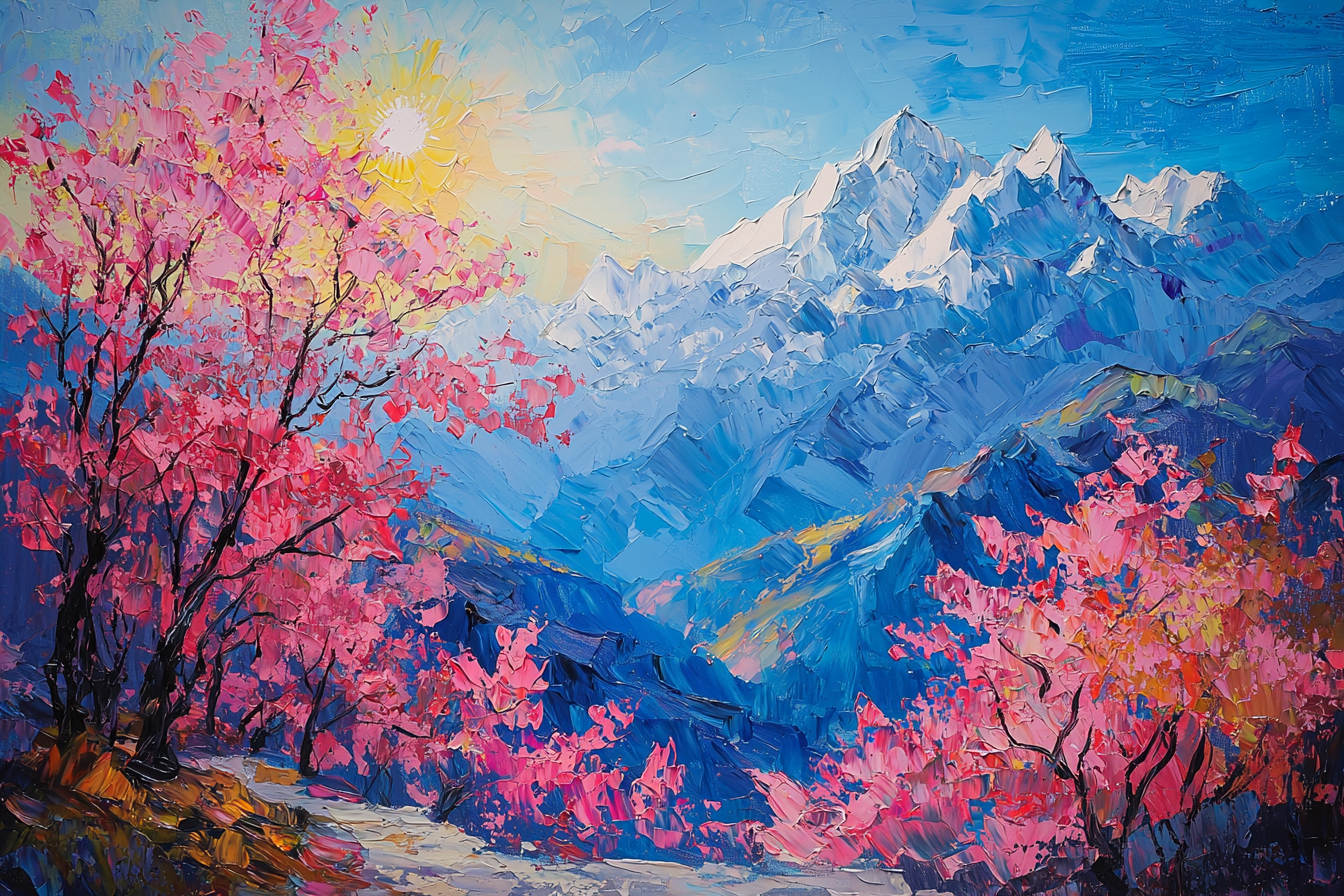 Pink Trees under the sun, beyond the mountains landscape.