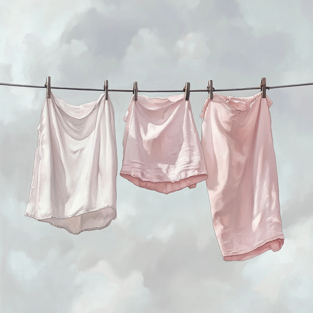 Pink and white laundry on line, detailed watercolor.