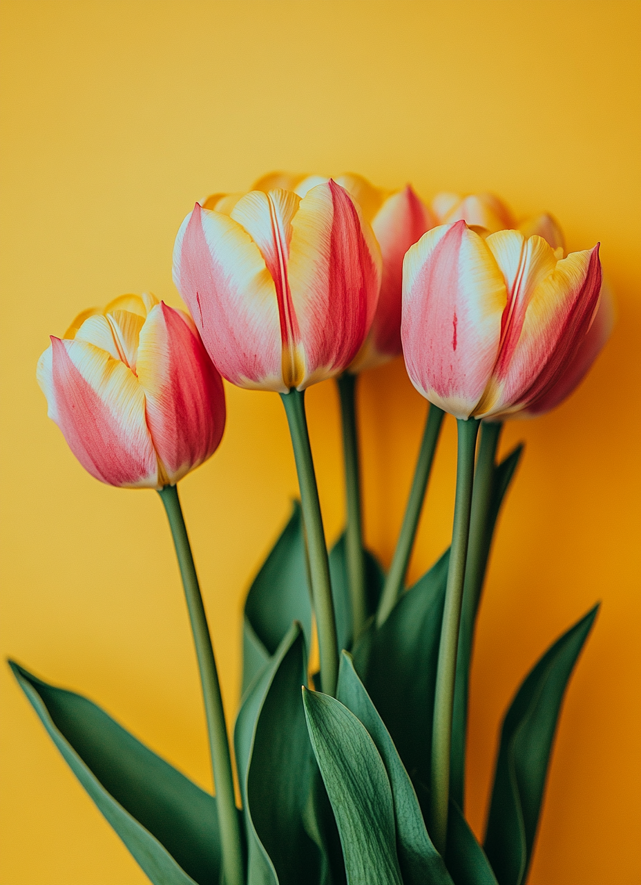 Pink and yellow tulips on yellow wall, bright colors.