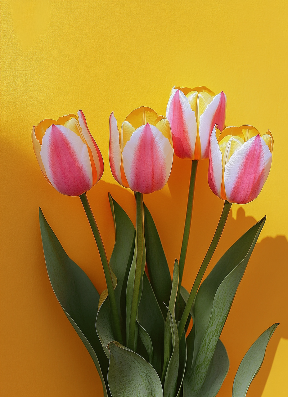 Pink and yellow tulips on yellow wall, macro photography.