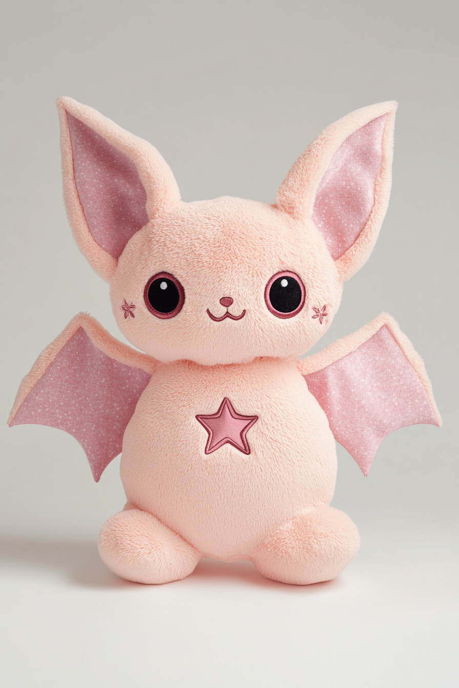 Pink bat plush toy with stars, kawaiipunk style 